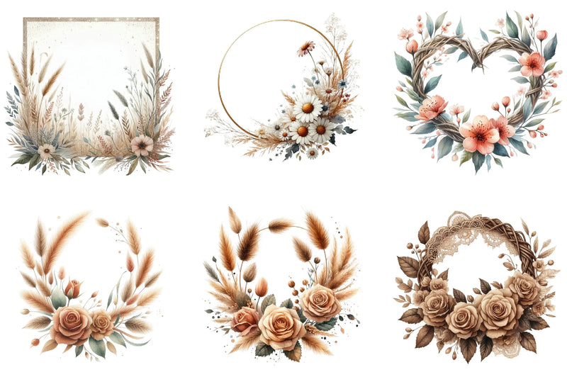 Boho Floral Frame Border Wreath Clipart Bundle - CraftNest - Digital Crafting and Art