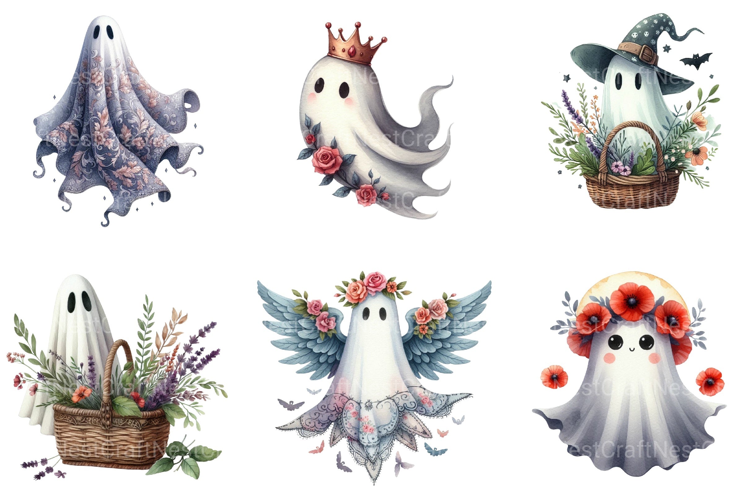 Vintage Halloween Ghost Floral Clipart Bundle - CraftNest - Digital Crafting and Art