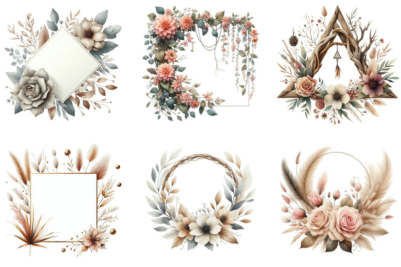 Boho Floral Frame Border Wreath Clipart Bundle - CraftNest - Digital Crafting and Art