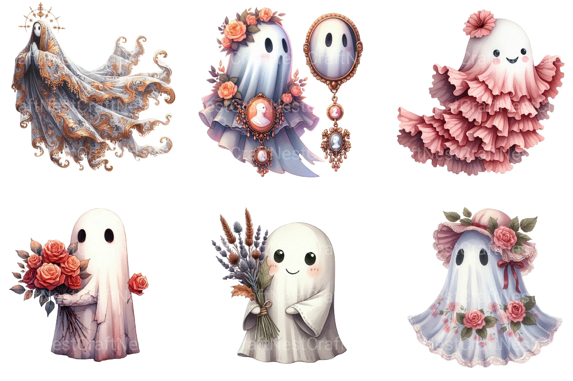 Vintage Halloween Ghost Floral Clipart Bundle - CraftNest - Digital Crafting and Art