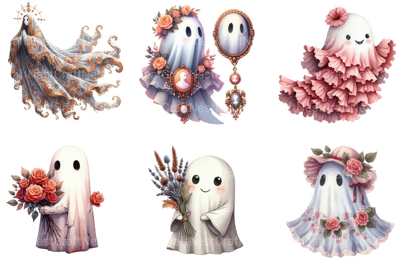 Vintage Halloween Ghost Floral Clipart Bundle - CraftNest - Digital Crafting and Art