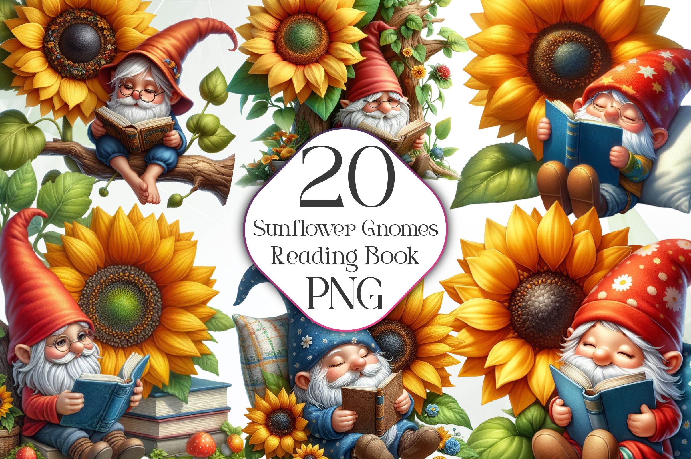 Sunflower Gnomes Reading Book Clipart Bundle - CraftNest - Digital Crafting and Art
