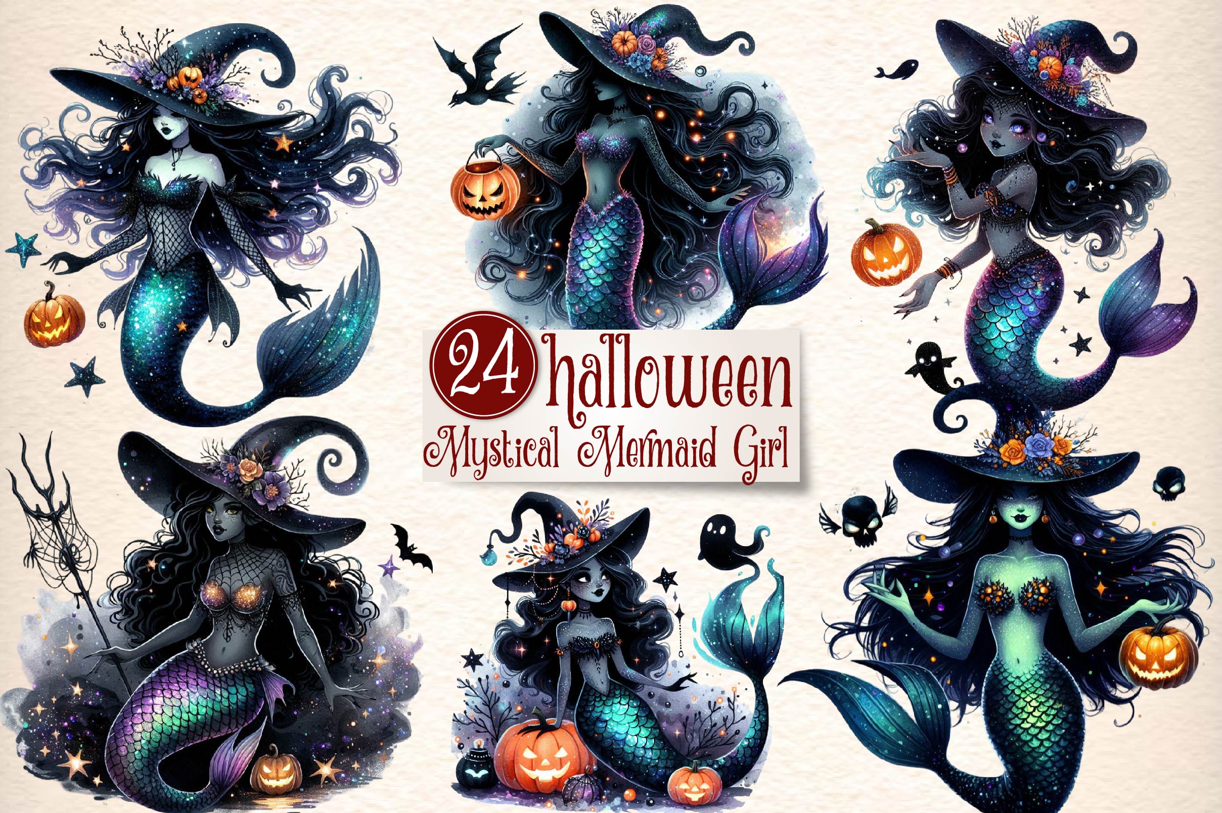 Halloween Mystical Mermaid Girl Clipart Bundle - CraftNest - Digital Crafting and Art