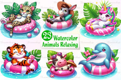 Pink Animals Relaxing On Swimming Float Clipart Bundle - CraftNest - Digital Crafting and Art