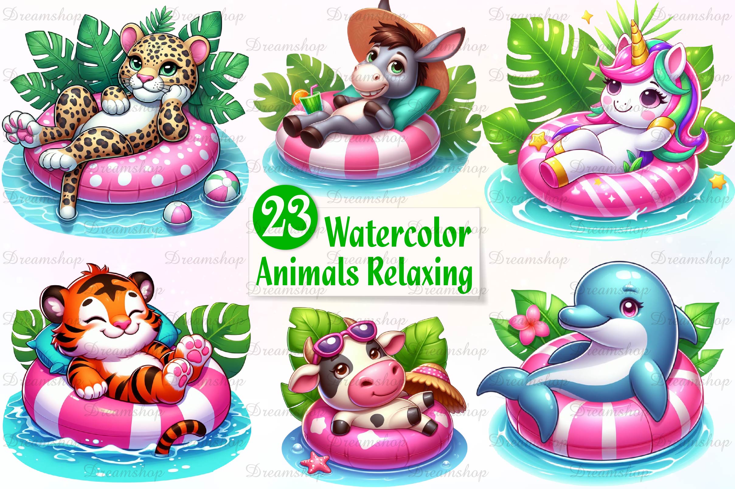 Pink Animals Relaxing On Swimming Float Clipart Bundle - CraftNest - Digital Crafting and Art