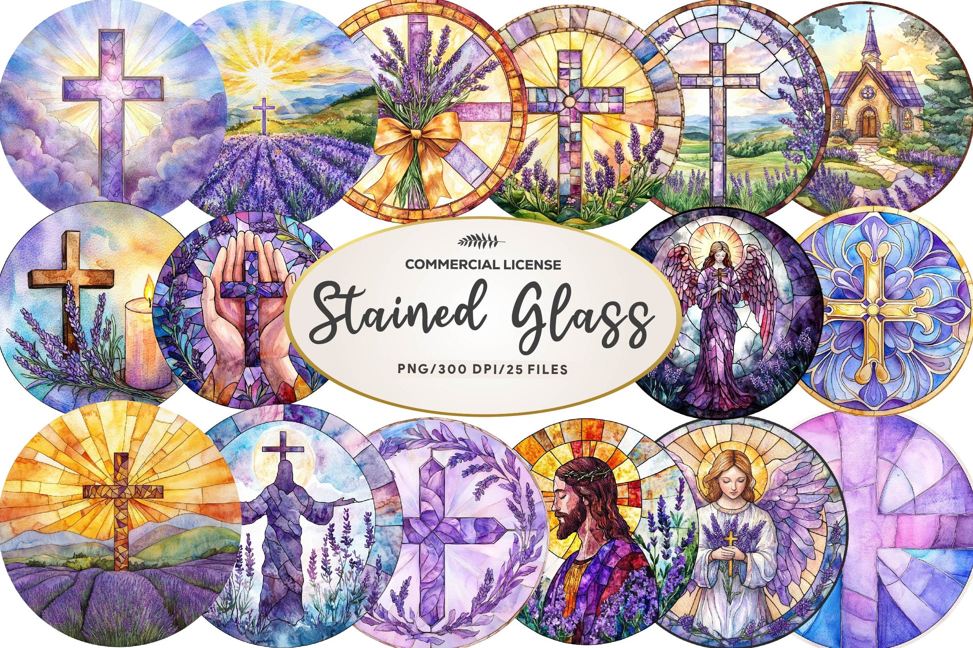 Round Lavender Blessing & Cross Stained Glass Clipart Bundle - CraftNest - Digital Crafting and Art