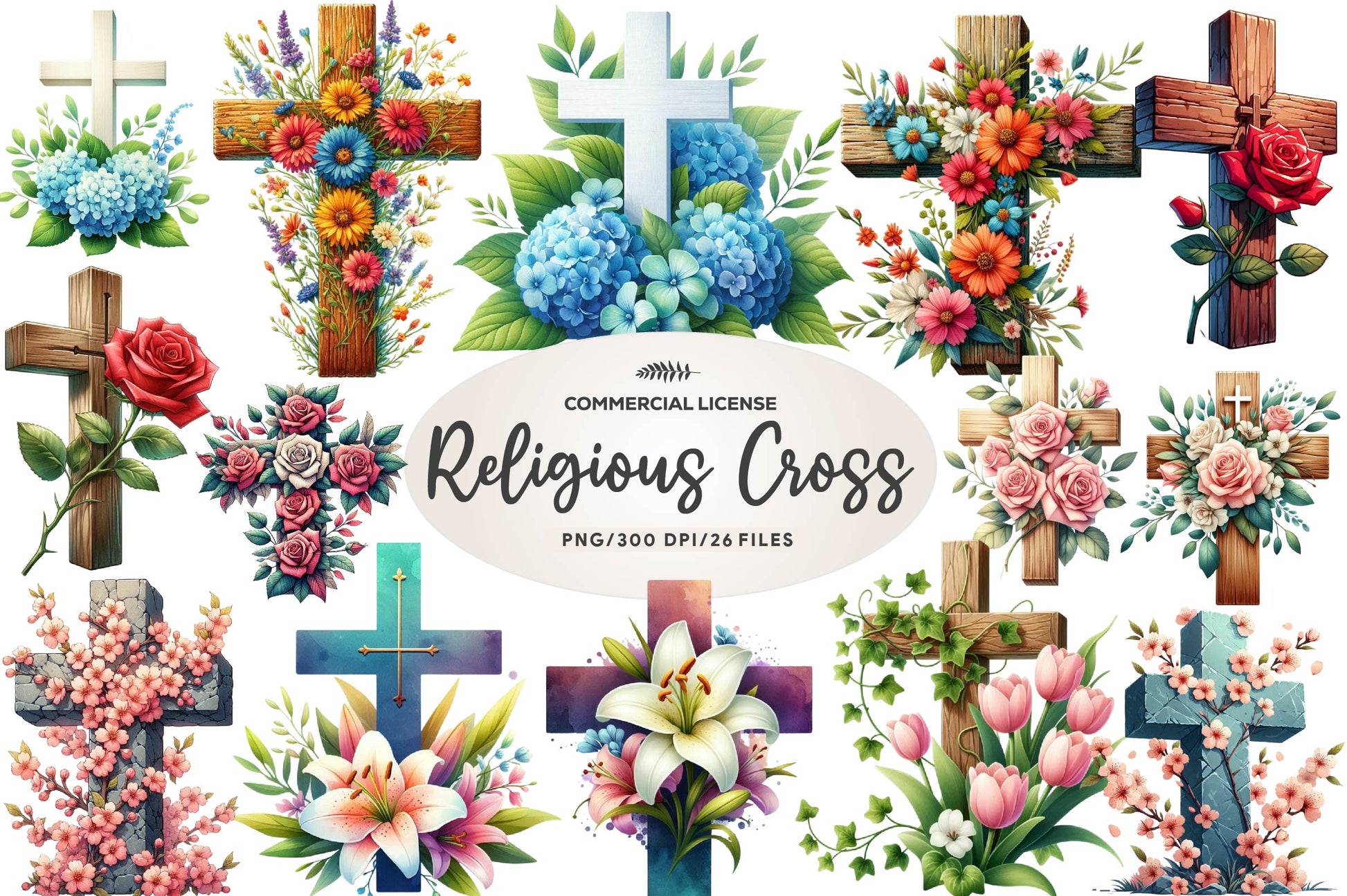 Cross Religious Floral Clipart Bundle - CraftNest - Digital Crafting and Art