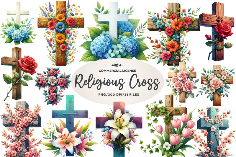 Cross Religious Floral Clipart Bundle - CraftNest - Digital Crafting and Art