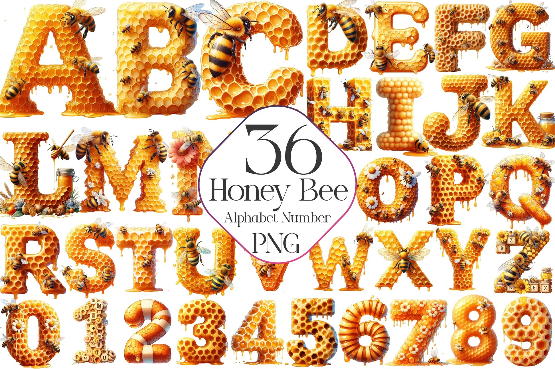 Honey Bee Alphabet Number Clipart Bundle - CraftNest - Digital Crafting and Art