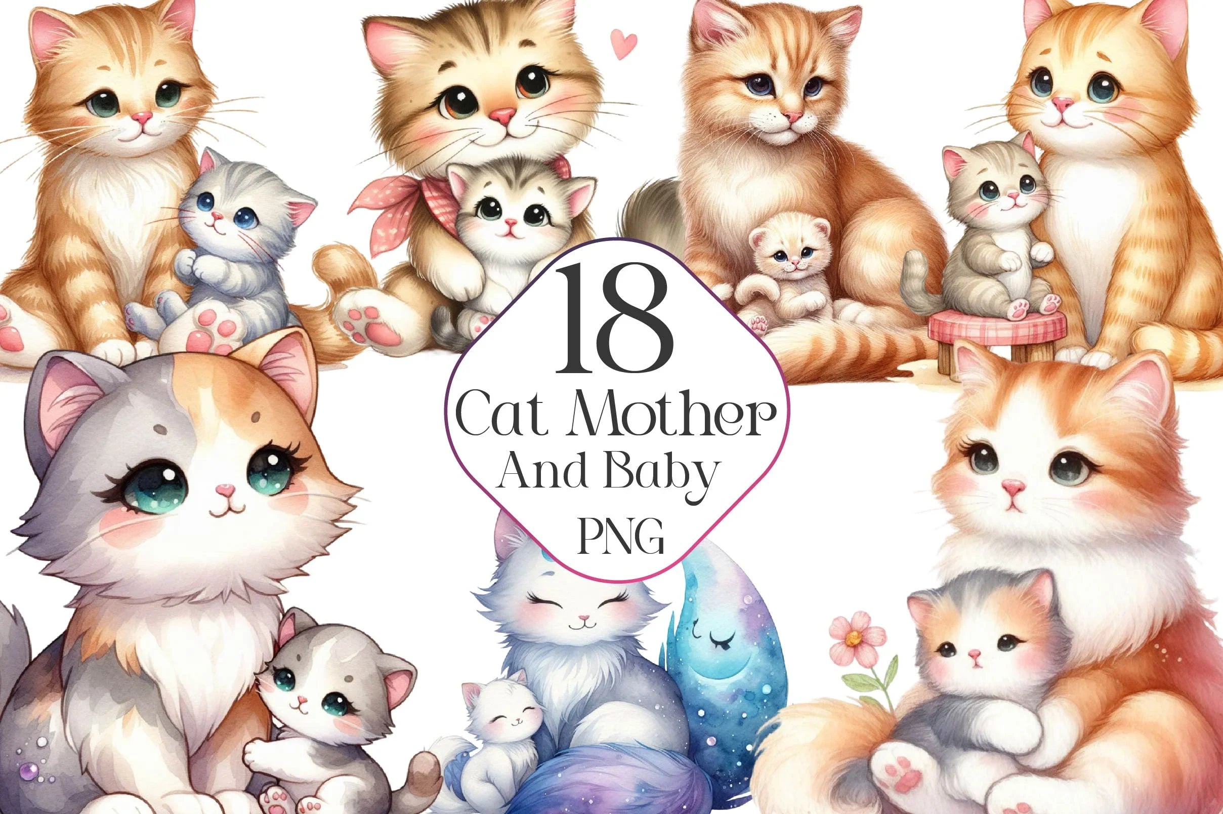 Cat Mother And Baby Clipart Bundle