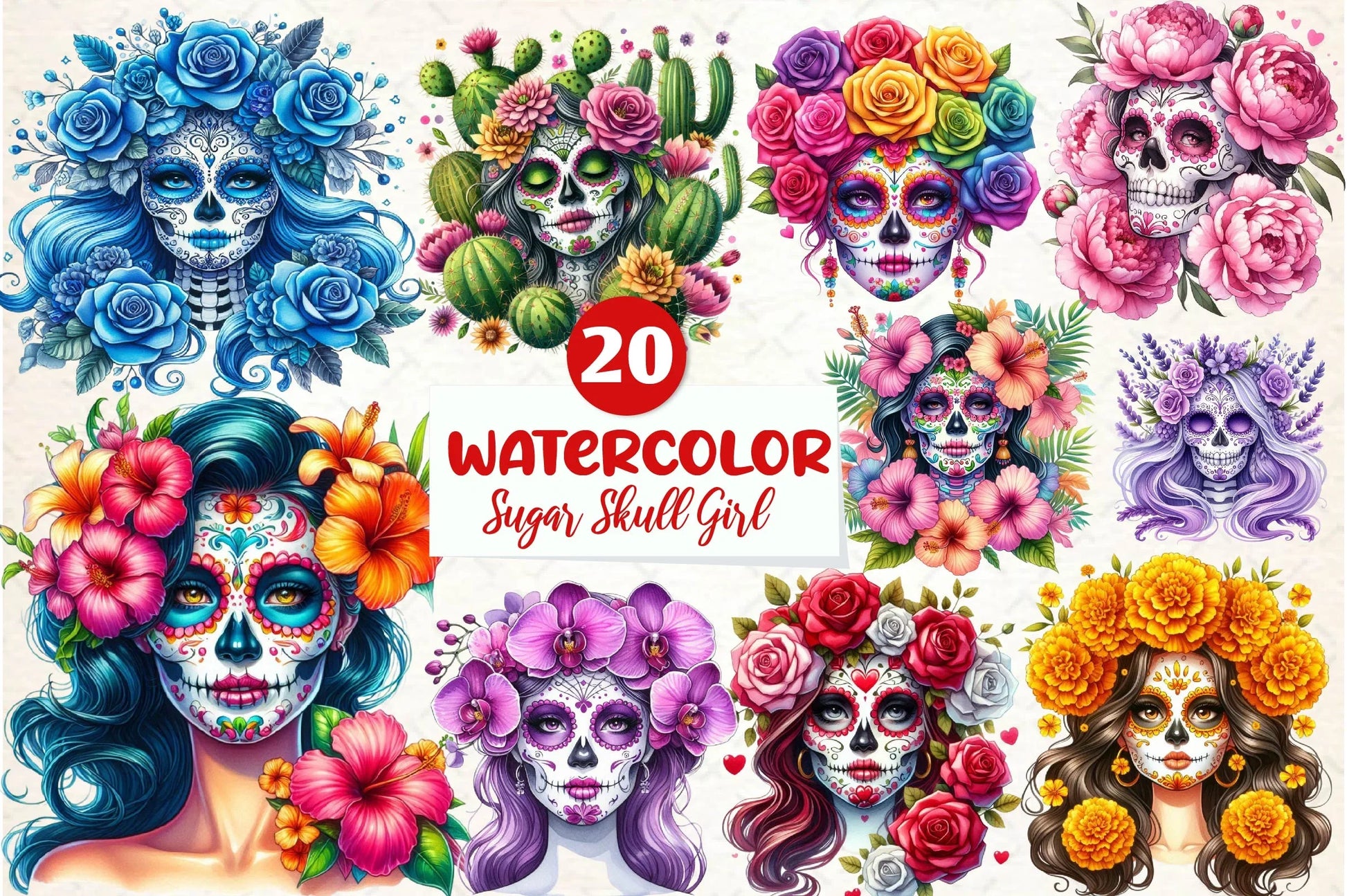 Flowers Sugar Skull Girl Clipart Bundle - CraftNest - Digital Crafting and Art