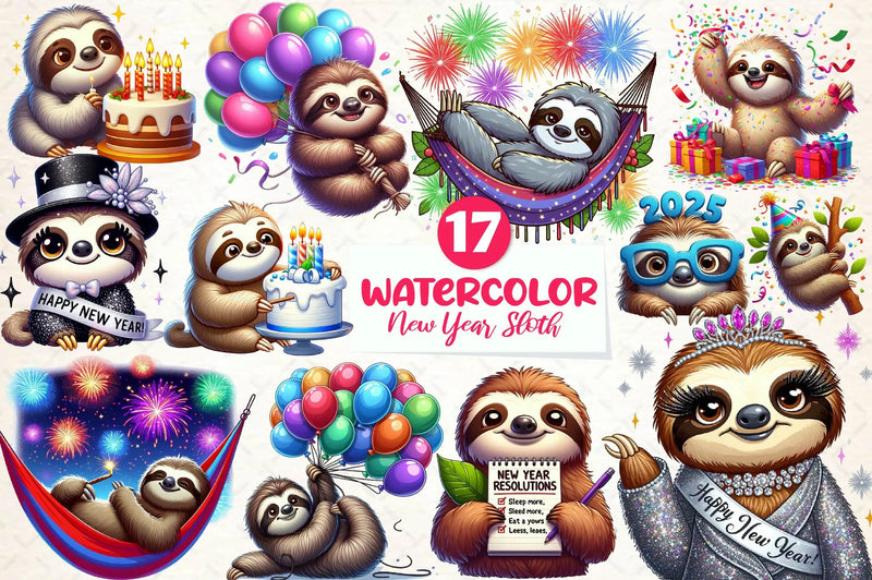 Happy New Year Sloth Clipart Bundle - CraftNest - Digital Crafting and Art