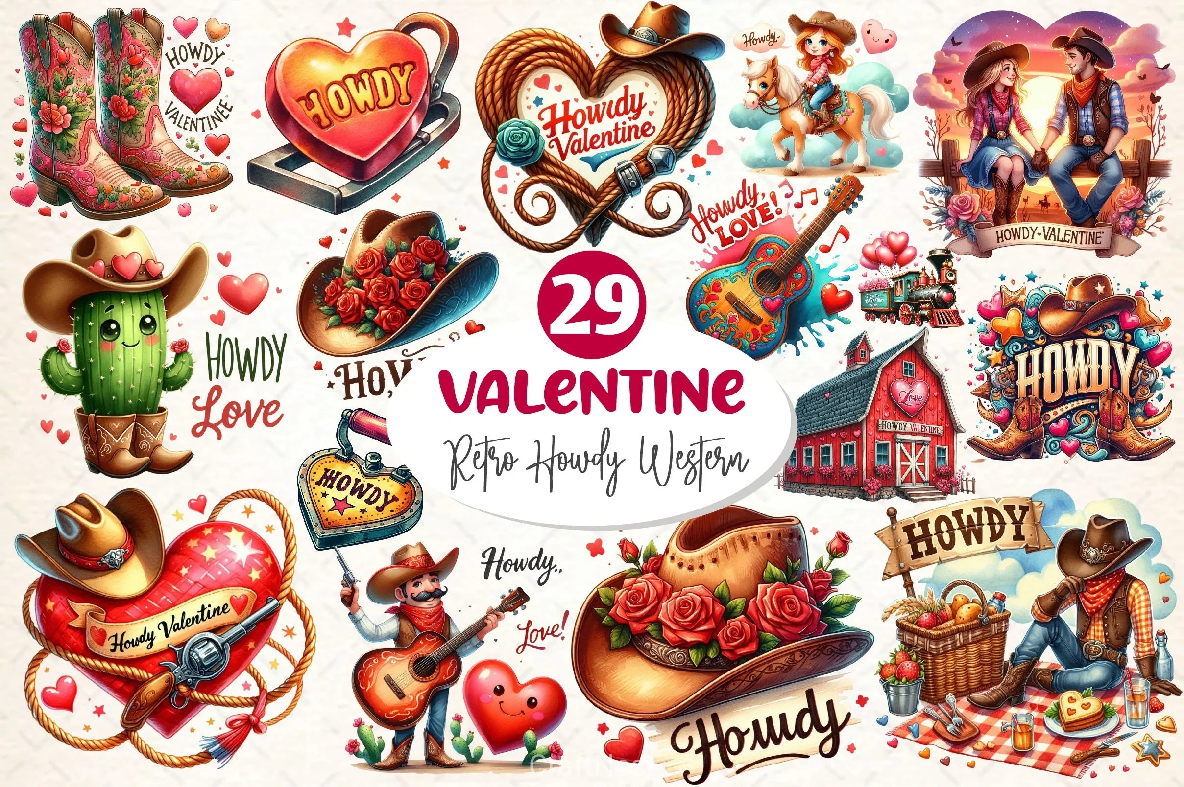 Retro Howdy Western Valentines Day Clipart Bundle 4 - CraftNest - Digital Crafting and Art