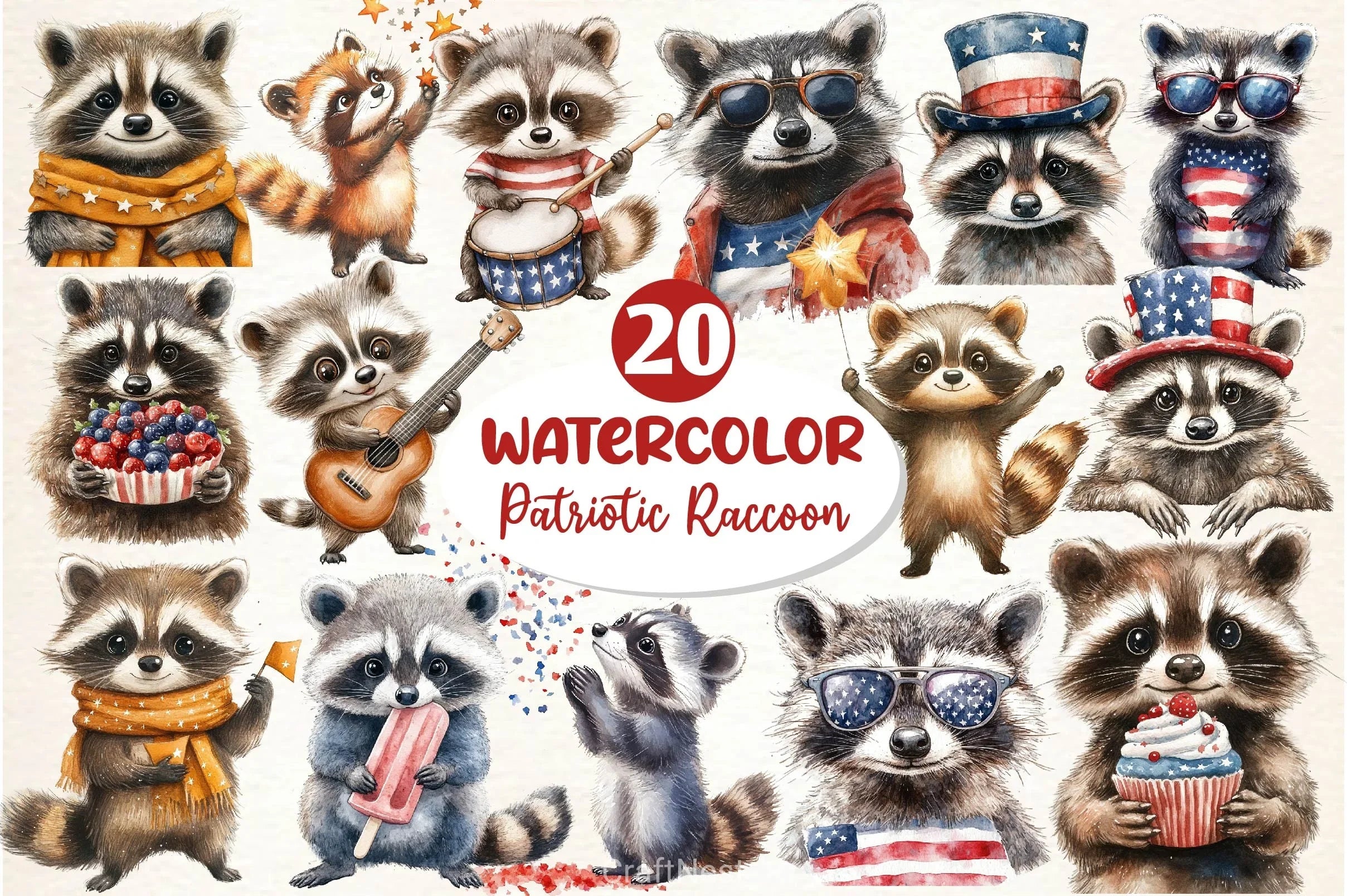 Cartoonish Patriotic Raccoon Clipart Bundle - CraftNest - Digital Crafting and Art