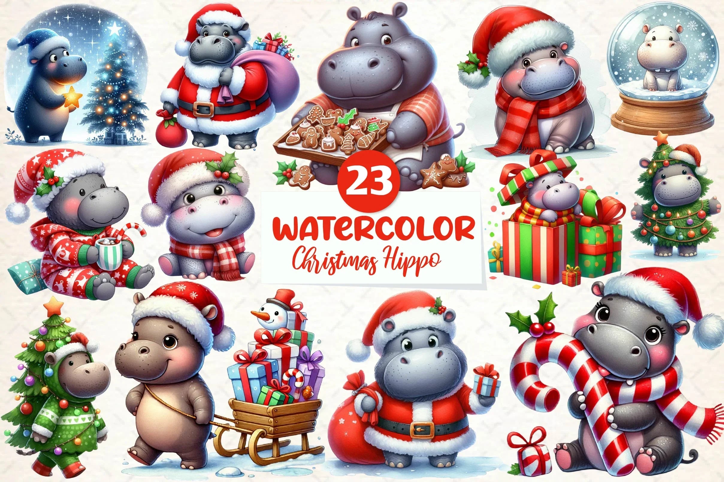 Christmas Hippo Clipart Bundle - CraftNest - Digital Crafting and Art