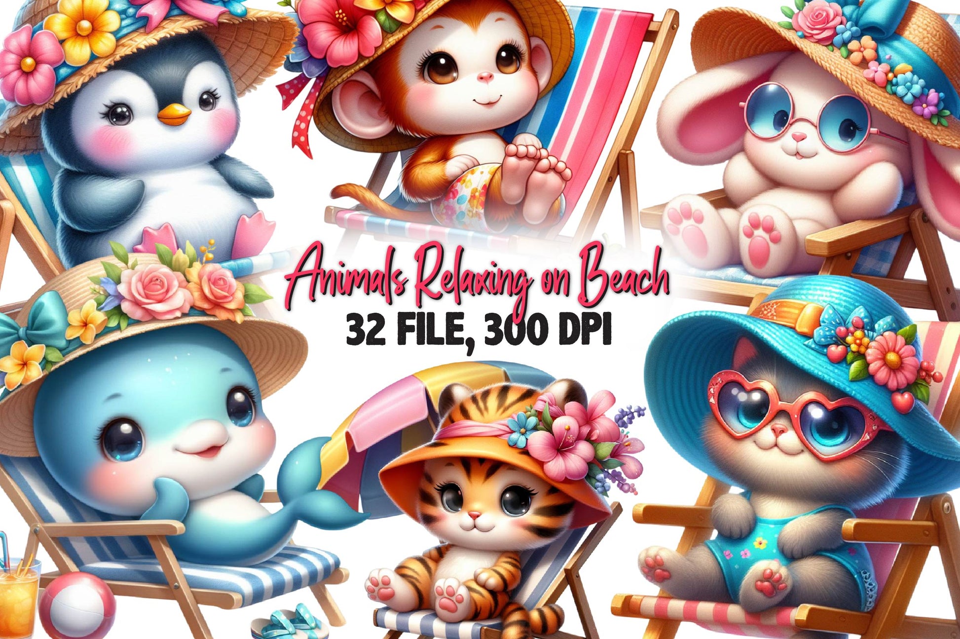 Summer Animals Relaxing On Beach Clipart Bundle - CraftNest - Digital Crafting and Art