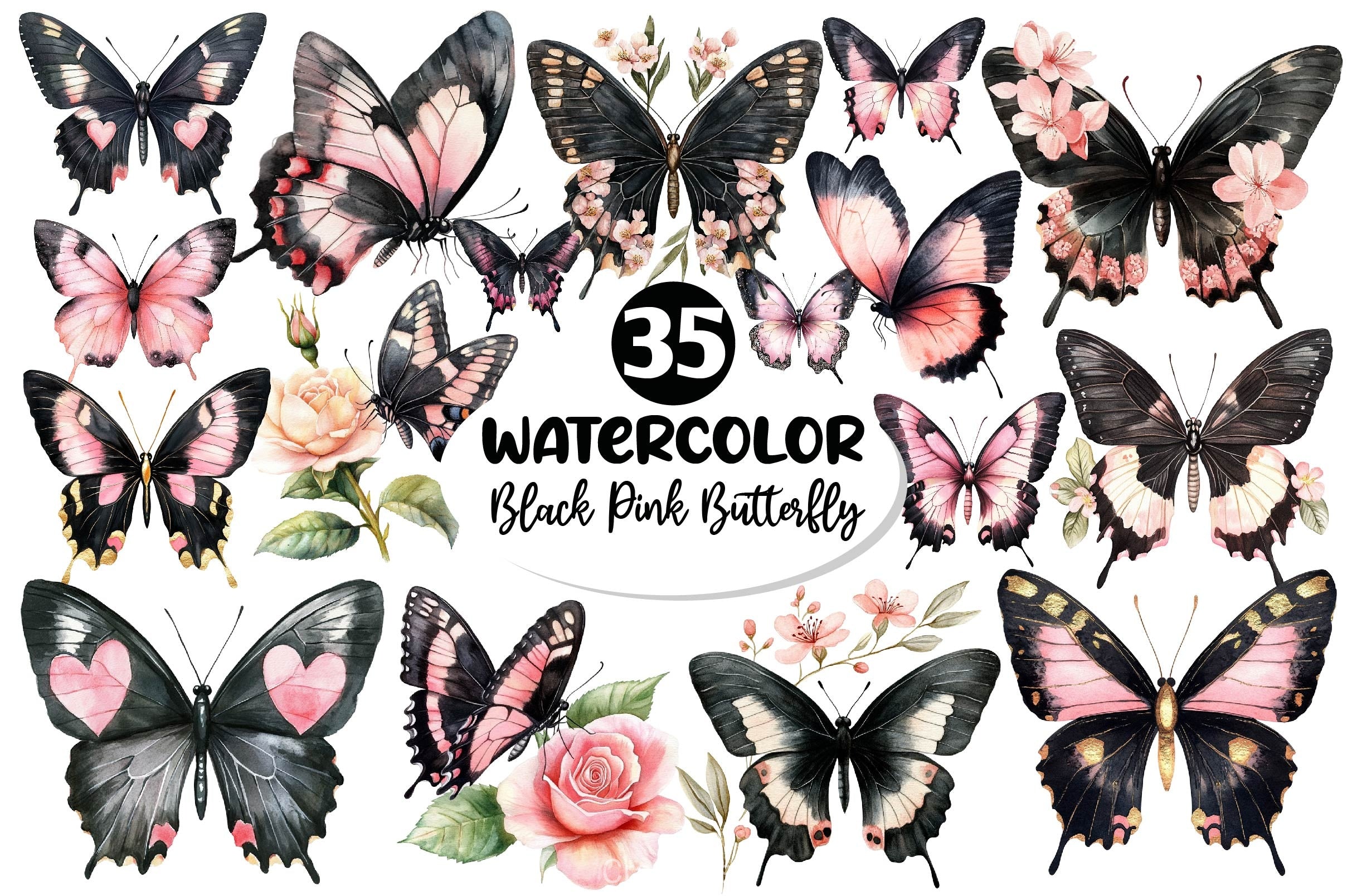 Black And Pink Butterfly Clipart Bundle - CraftNest - Digital Crafting and Art
