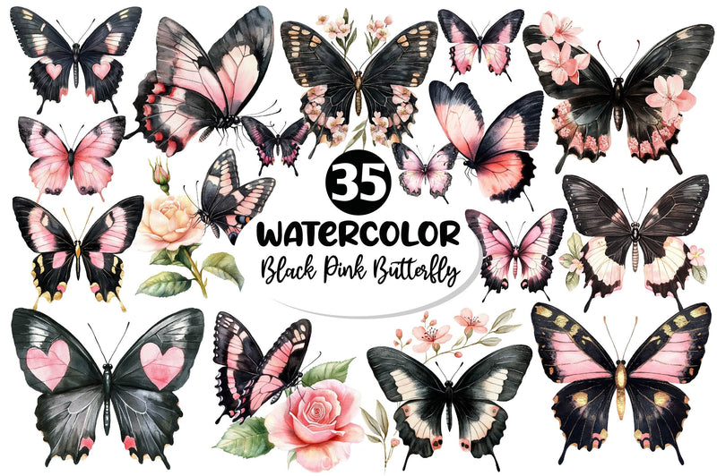 Black And Pink Butterfly Clipart Bundle - CraftNest - Digital Crafting and Art