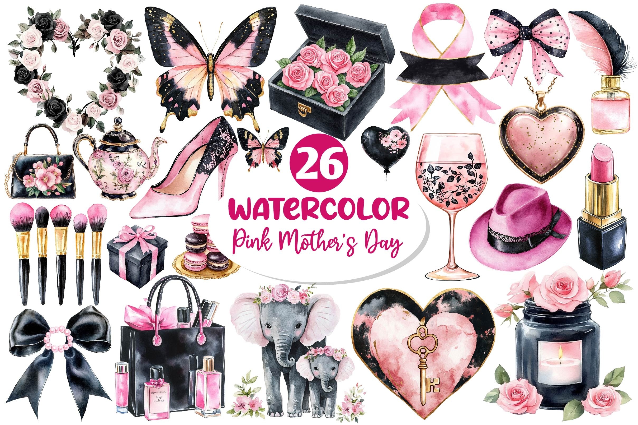 Black And Pink Mothers Day Clipart Bundle - CraftNest - Digital Crafting and Art