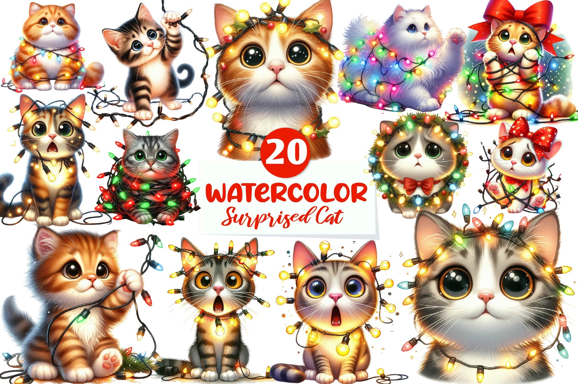 Surprised Cat Christmas Lights Clipart Bundle - CraftNest - Digital Crafting and Art