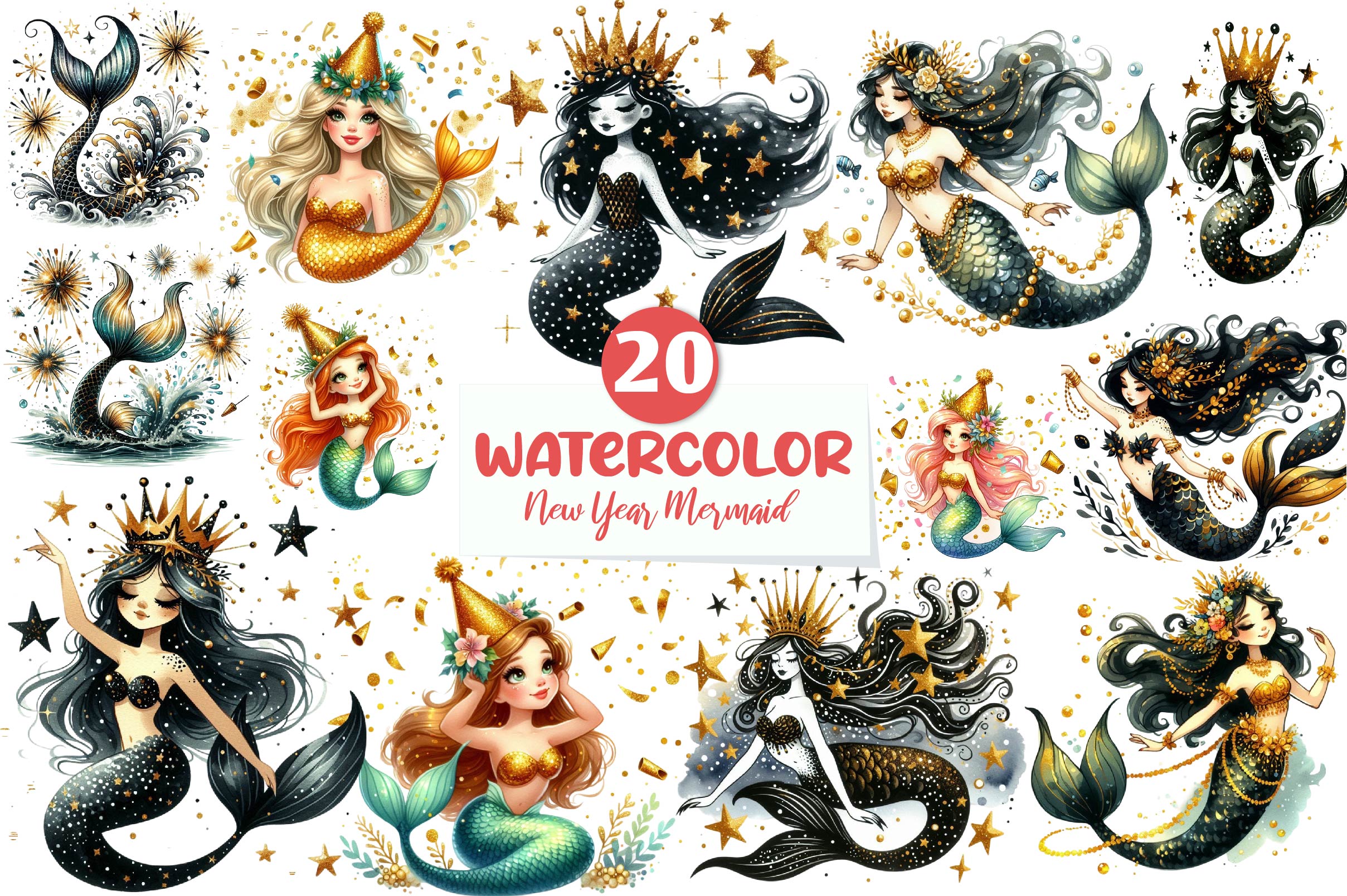 New Year Mermaid Clipart Bundle - CraftNest - Digital Crafting and Art