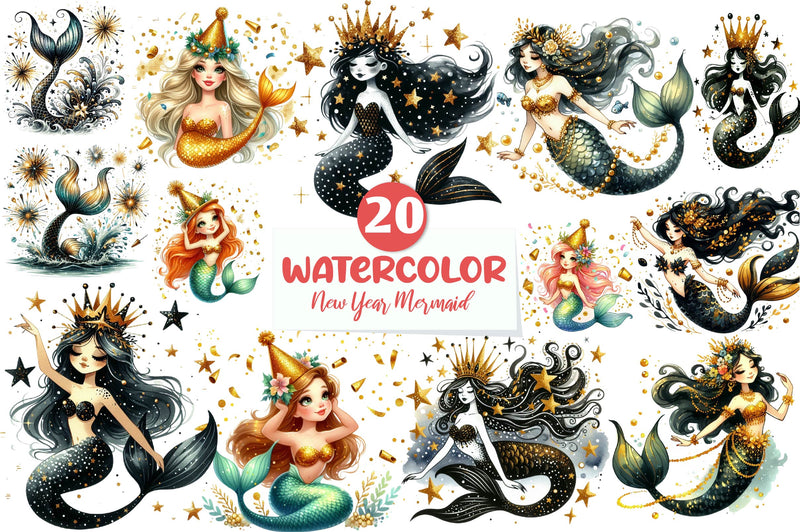New Year Mermaid Clipart Bundle - CraftNest - Digital Crafting and Art