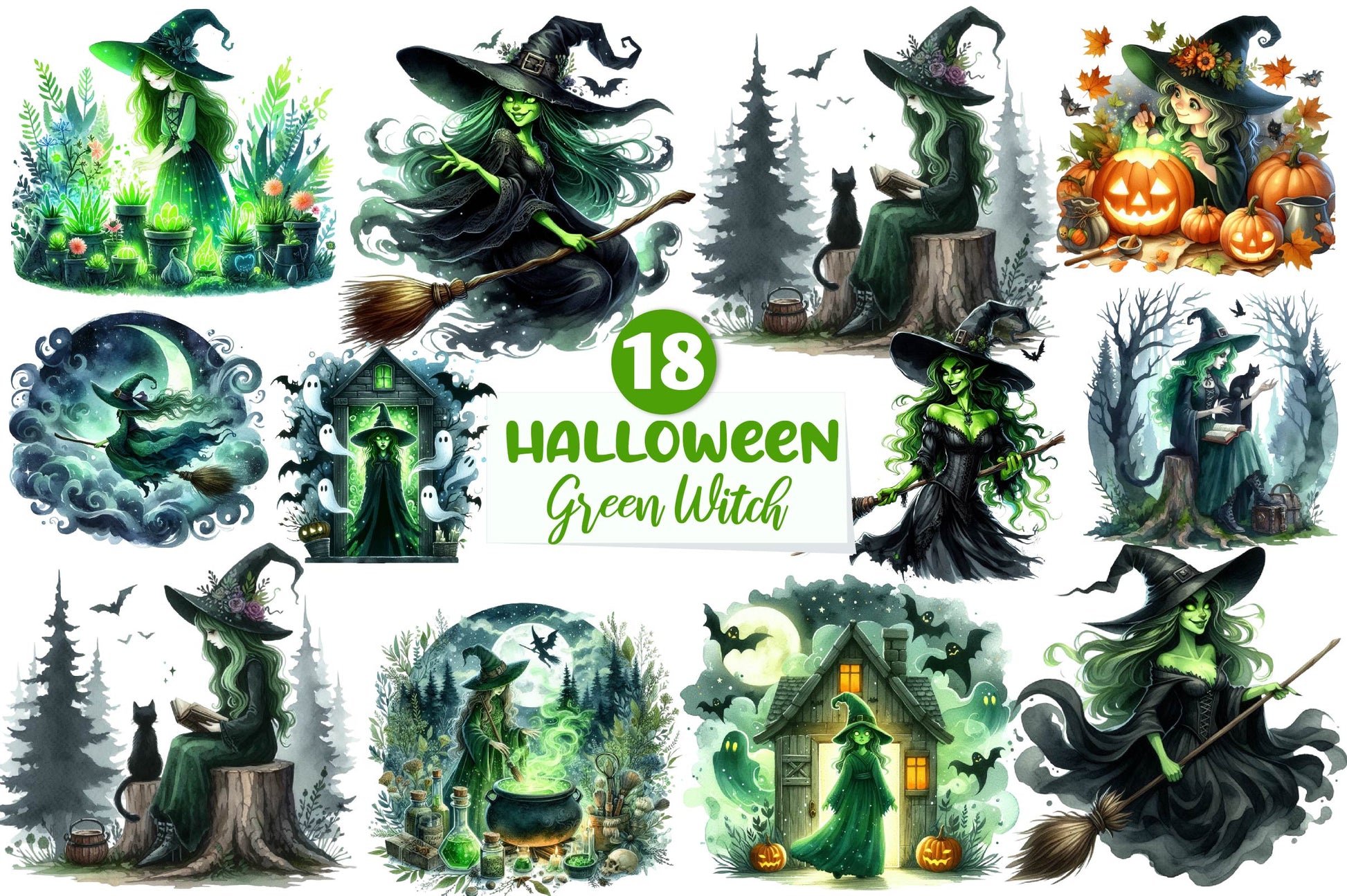 Green Witch Halloween Clipart Bundle - CraftNest - Digital Crafting and Art