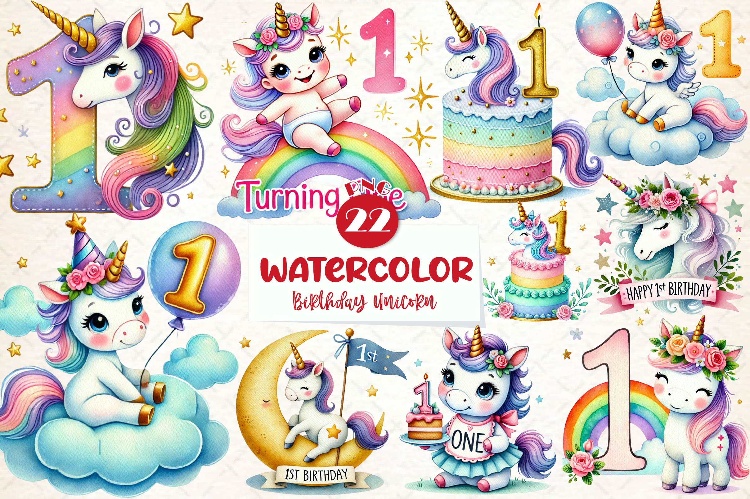 Unicorn First Birthday Party Clipart Bundle - CraftNest - Digital Crafting and Art