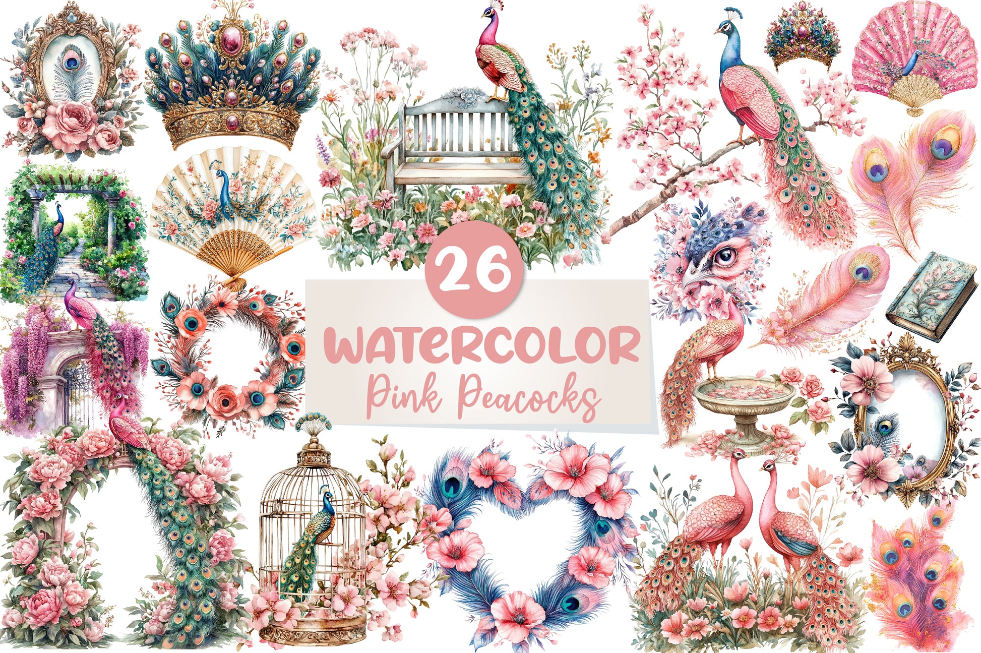 Pink Peacocks Garden Clipart Bundle - CraftNest - Digital Crafting and Art