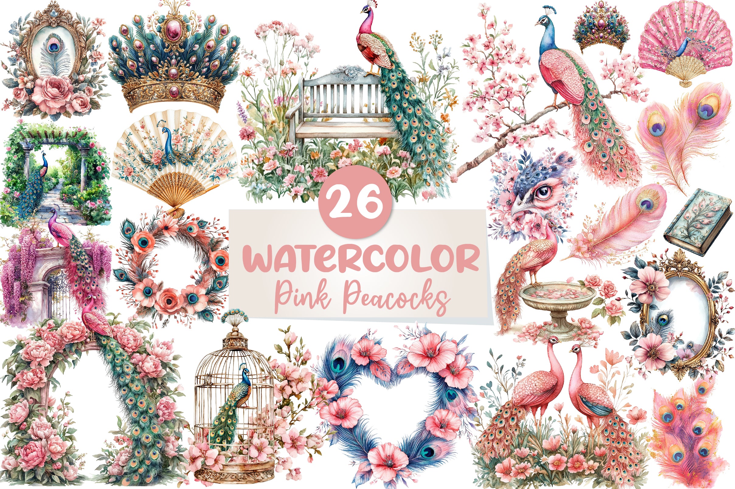 Pink Peacocks Garden Clipart Bundle - CraftNest - Digital Crafting and Art