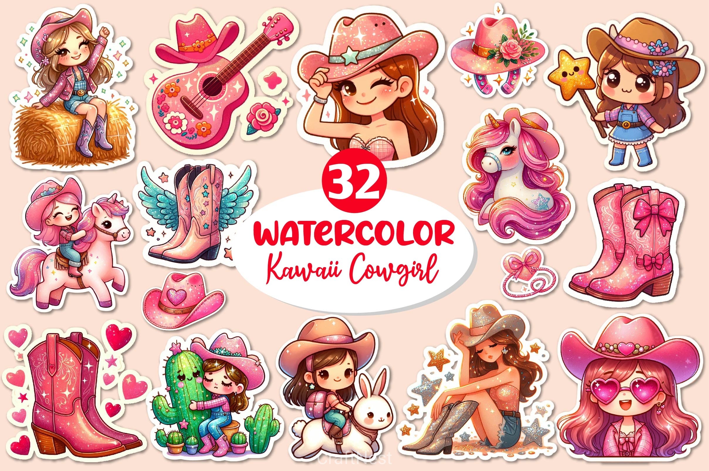 Kawaii Cowgirl Clipart Bundle - CraftNest - Digital Crafting and Art