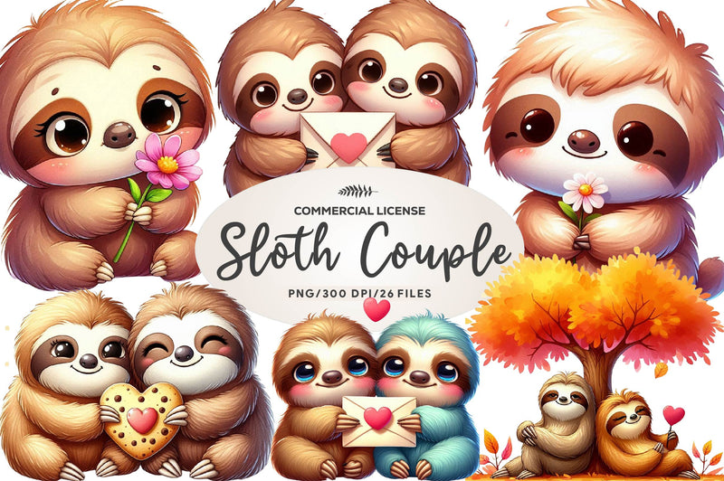 Cute Sloth Couple Water Color Clipart Bundle - CraftNest - Digital Crafting and Art