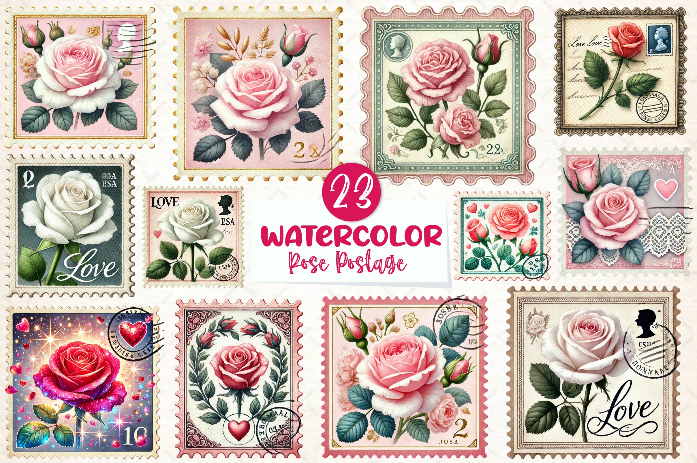 Valentine Rose Postage Stamp Clipart Bundle - CraftNest - Digital Crafting and Art
