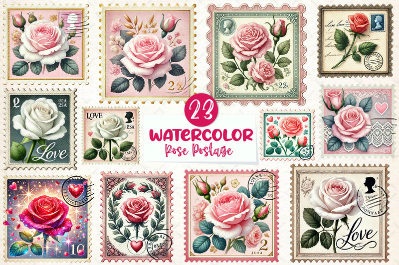 Valentine Rose Postage Stamp Clipart Bundle - CraftNest - Digital Crafting and Art