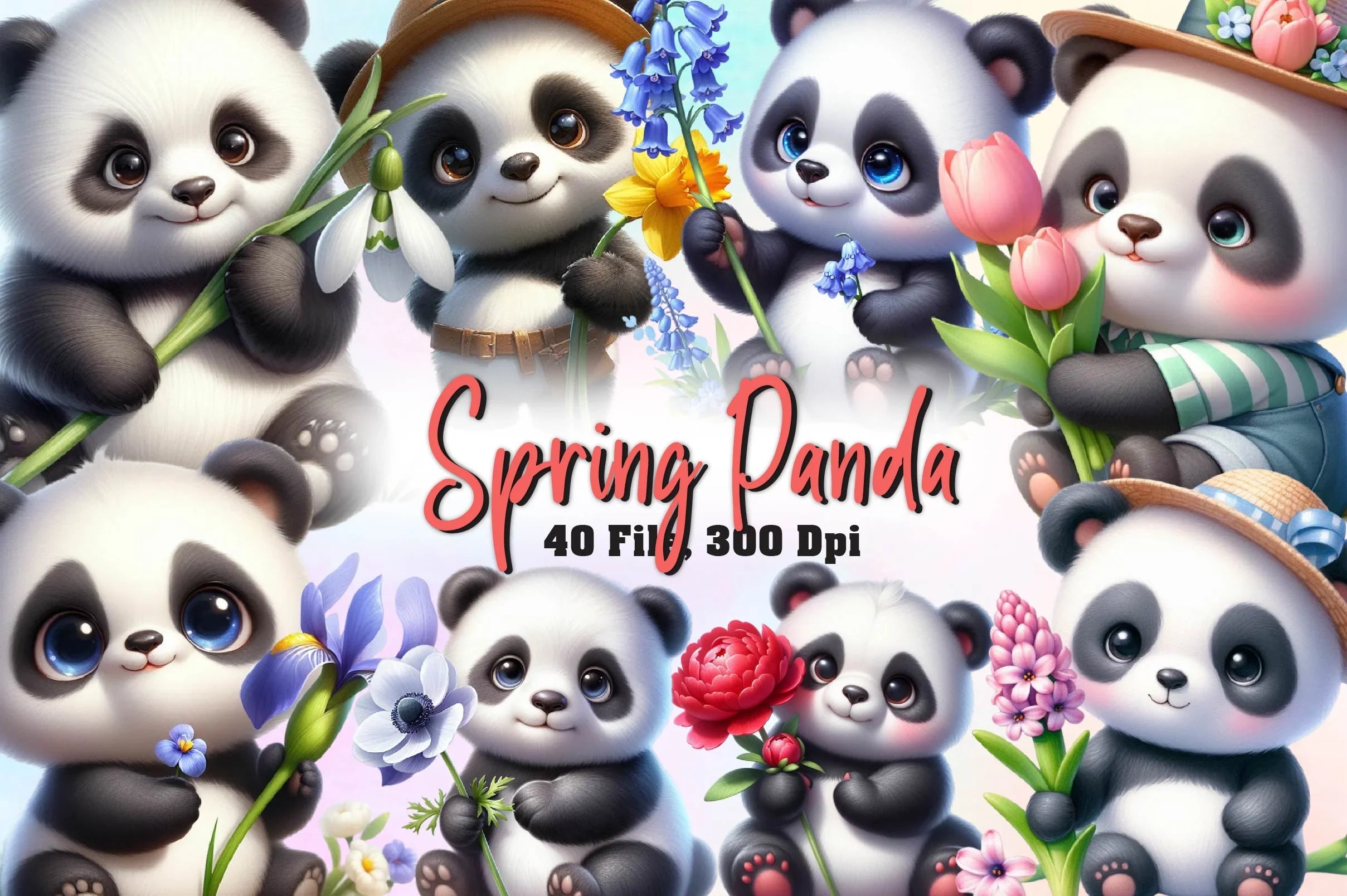 Spring Panda With Flowers Clipart Bundle - CraftNest - Digital Crafting and Art