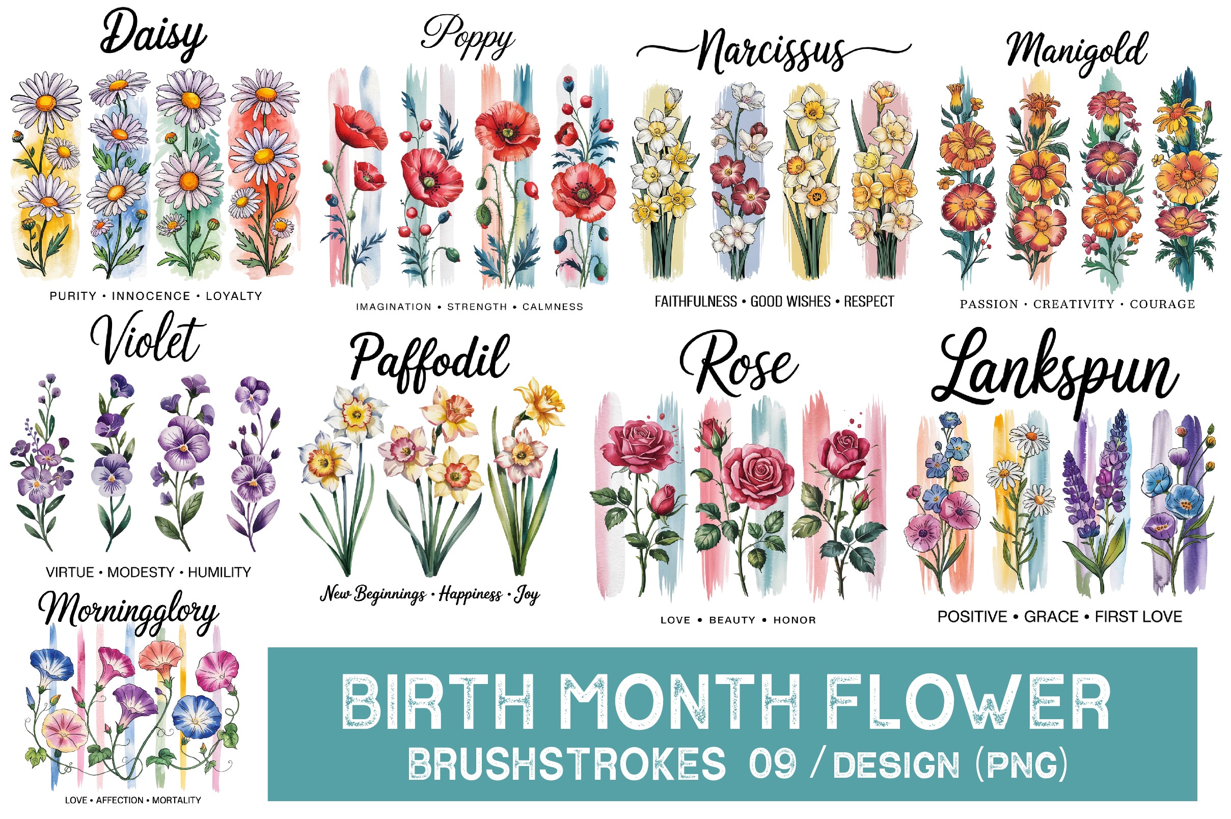 Birth Month Flower Brushstrokes Clipart Bundle - CraftNest - Digital Crafting and Art