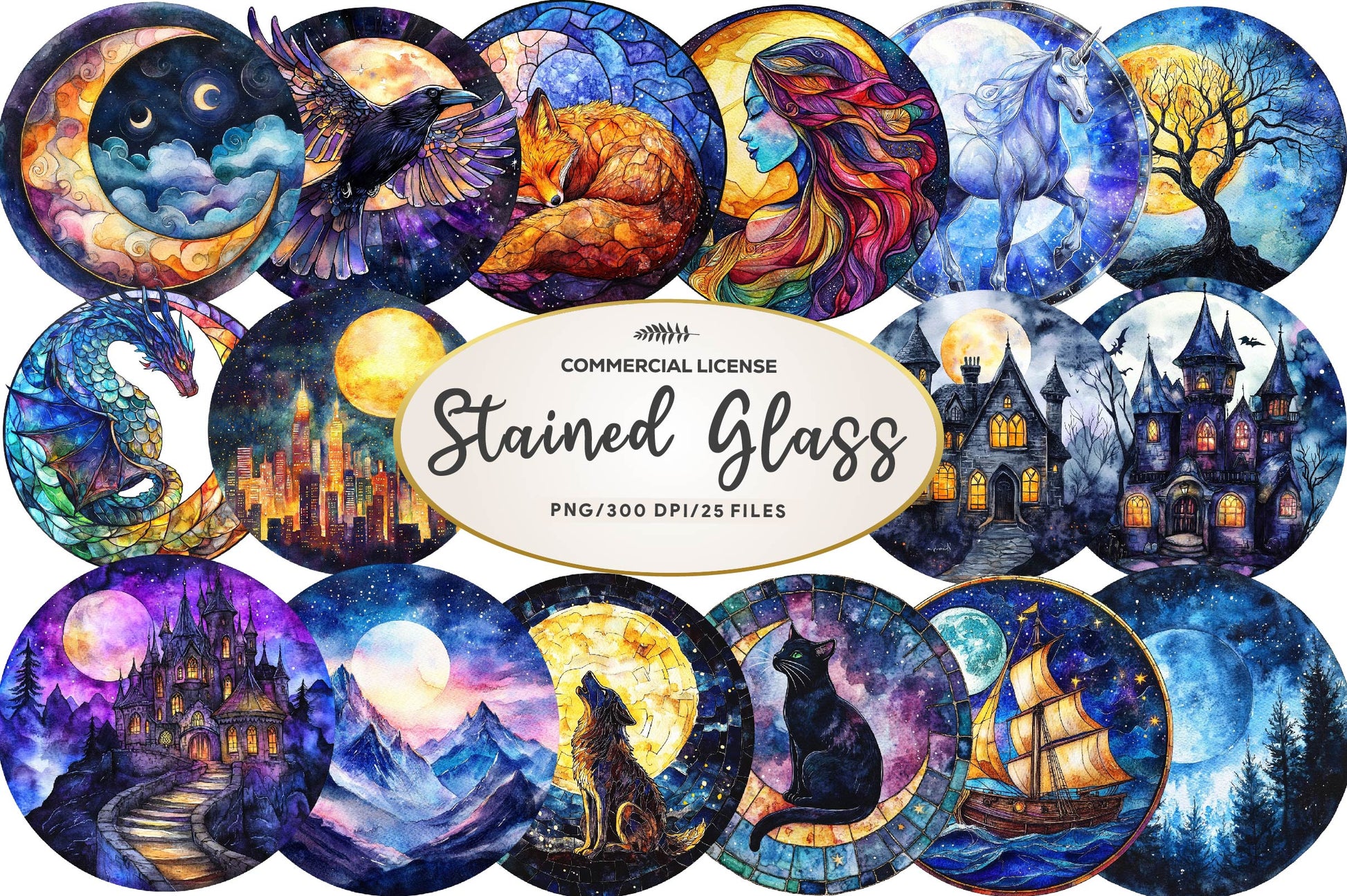 Round Moonlit Nights Stained Glass Clipart Bundle - CraftNest - Digital Crafting and Art