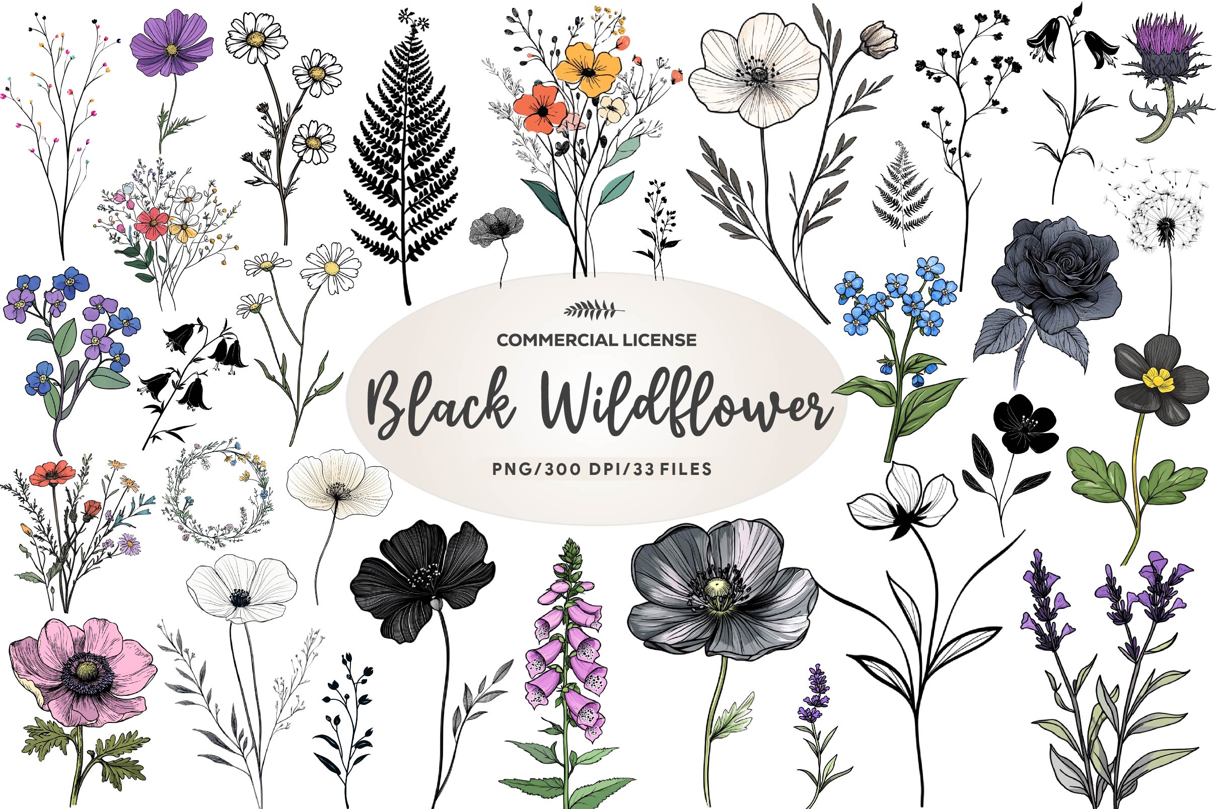 Black Wildflower Clipart Bundle - CraftNest - Digital Crafting and Art