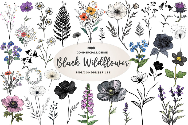 Black Wildflower Clipart Bundle - CraftNest - Digital Crafting and Art