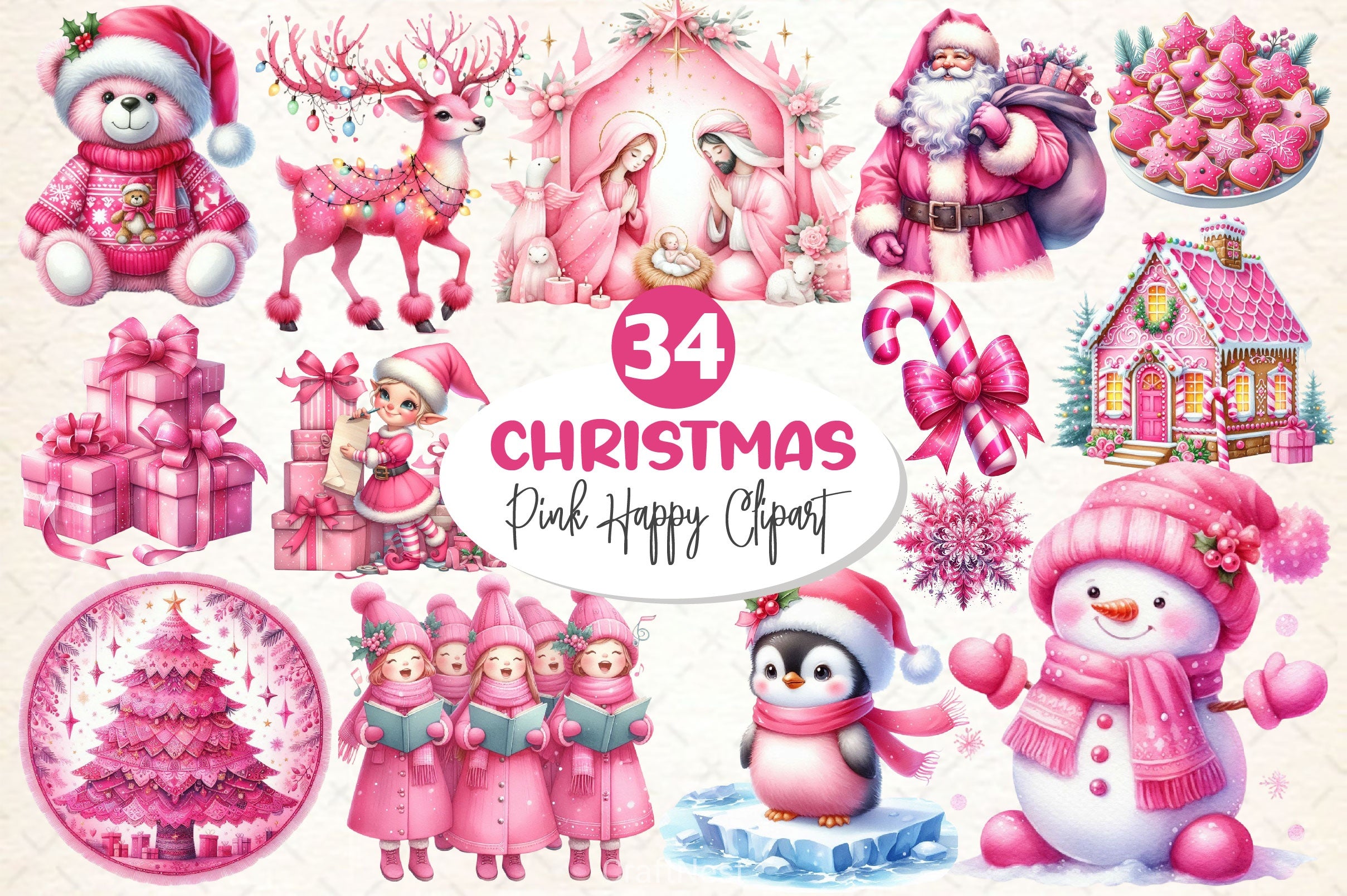 Pink Happy Christmas Clipart Bundle 1 - CraftNest - Digital Crafting and Art