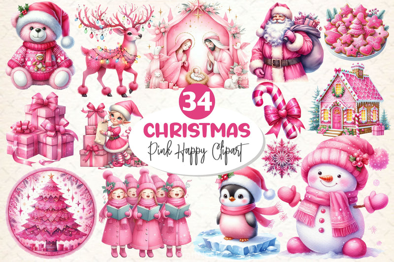 Pink Happy Christmas Clipart Bundle 1 - CraftNest - Digital Crafting and Art