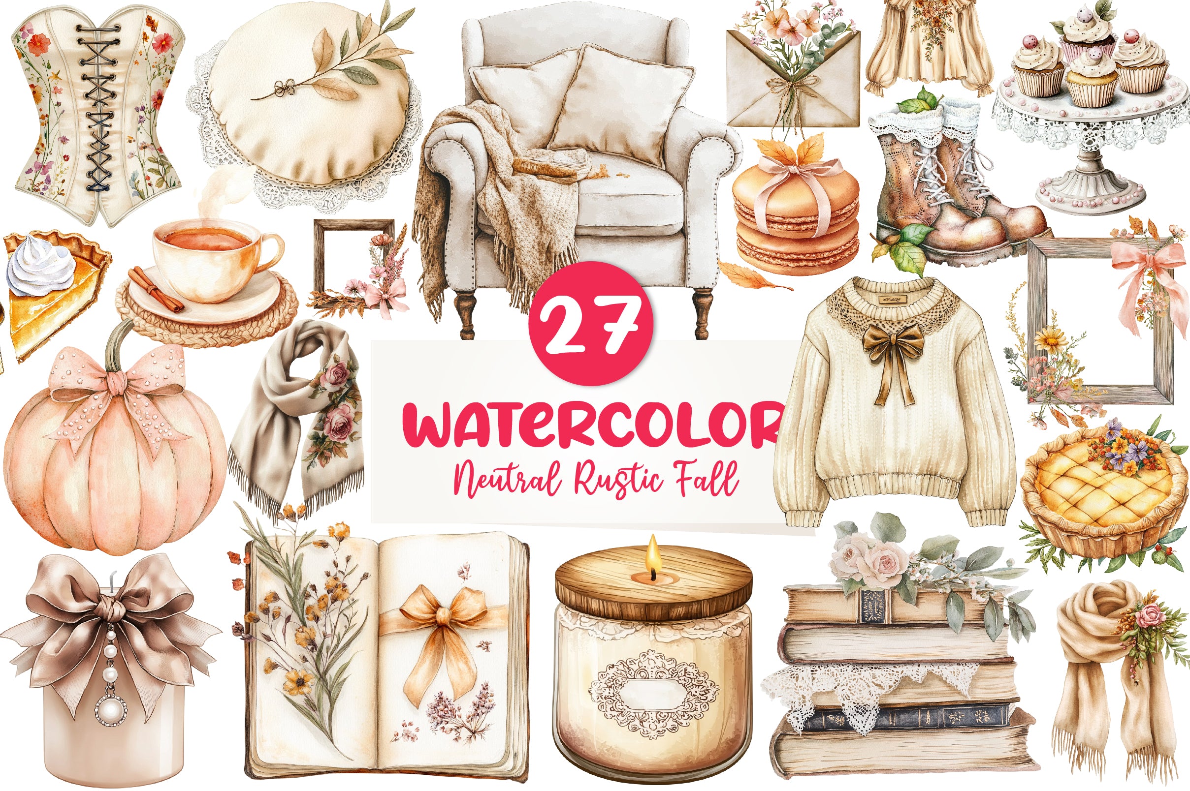 Neutral Rustic Coquette Fall Clipart Bundle 1 - CraftNest - Digital Crafting and Art