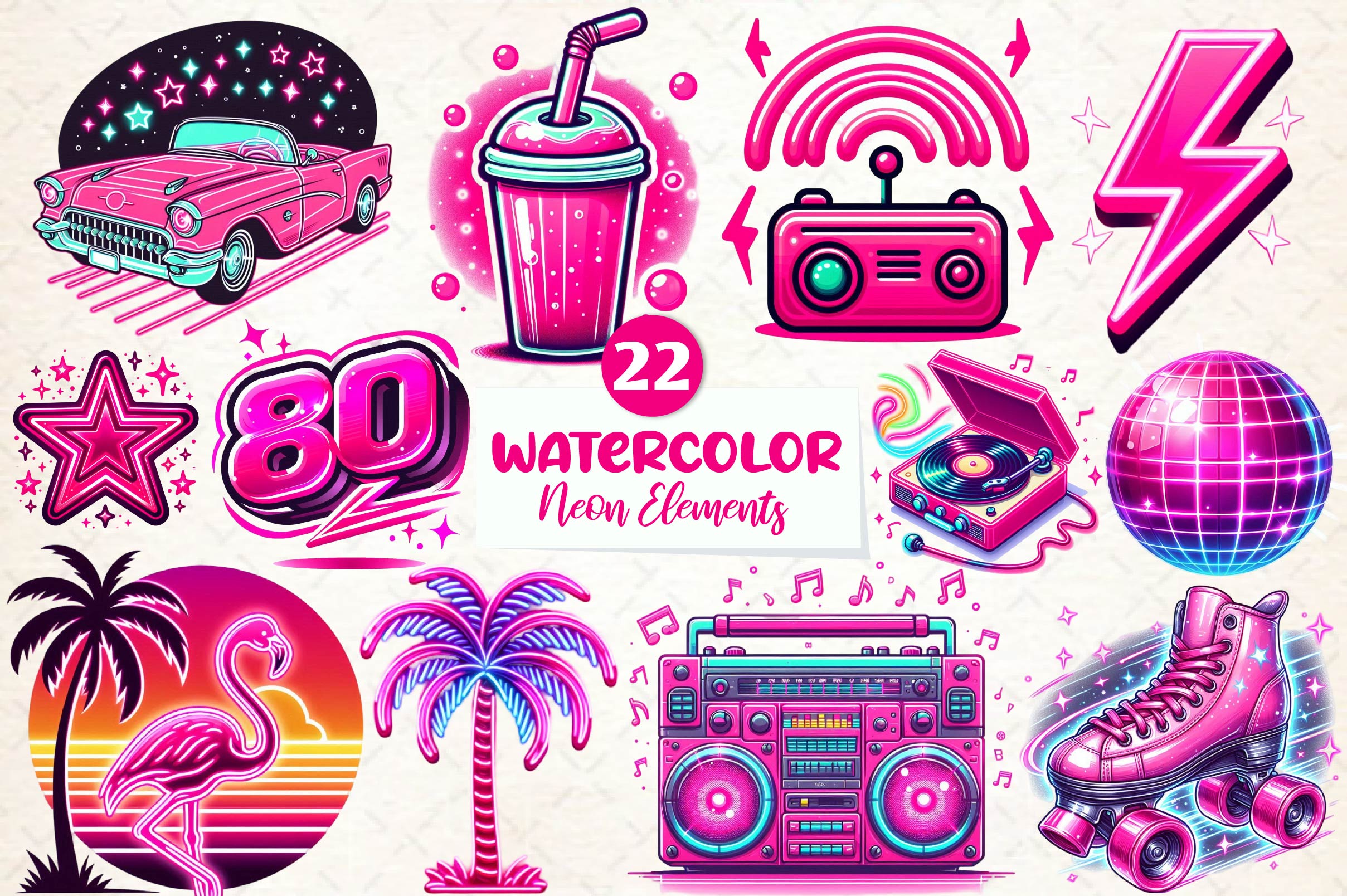 Neon Retro Pink Elements Clipart Bundle - CraftNest - Digital Crafting and Art