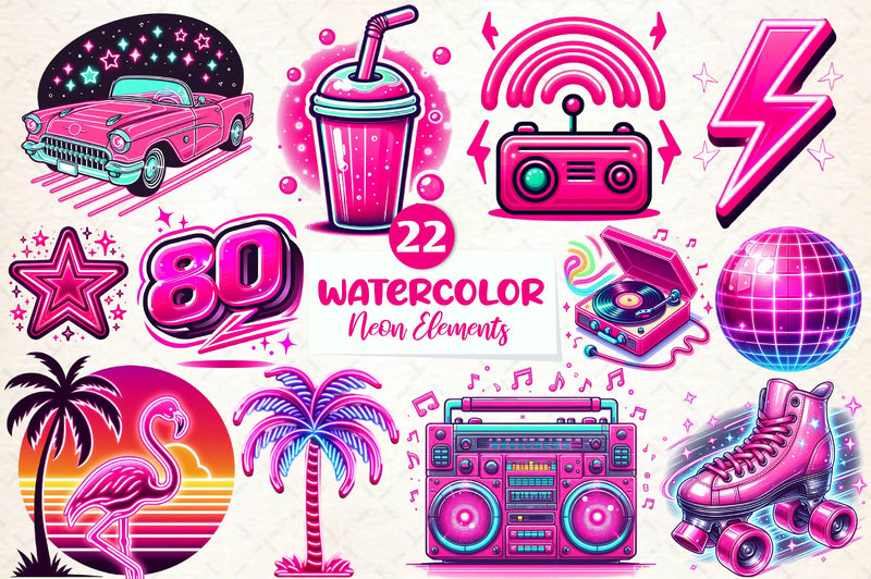 Neon Retro Pink Elements Clipart Bundle - CraftNest - Digital Crafting and Art