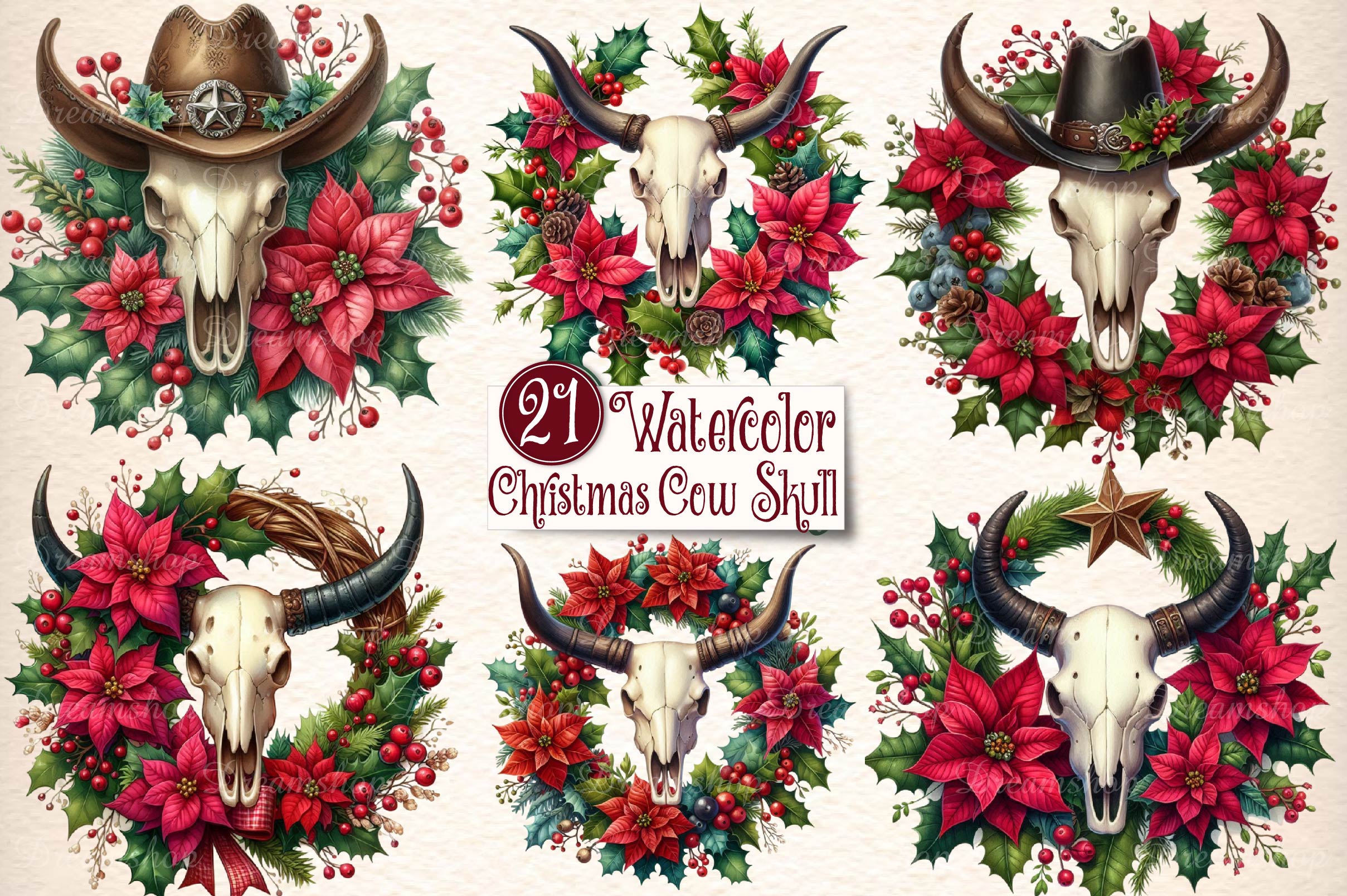 Christmas Cow Skull Clipart Bundle - CraftNest - Digital Crafting and Art