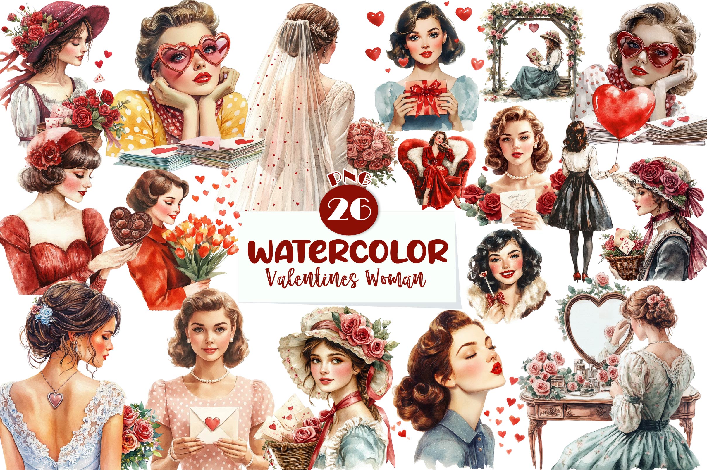 Vintage Valentines Woman Clipart Bundle - CraftNest - Digital Crafting and Art