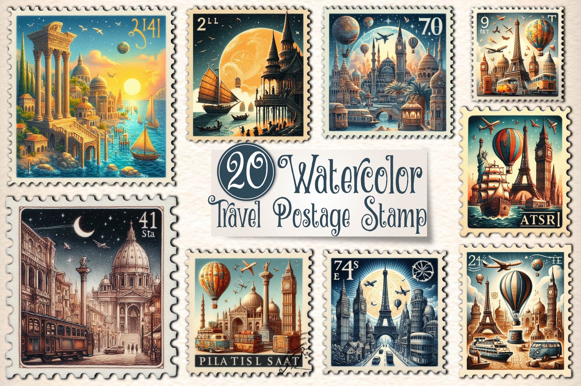 Travel Postage Stamp Clipart Bundle - CraftNest - Digital Crafting and Art