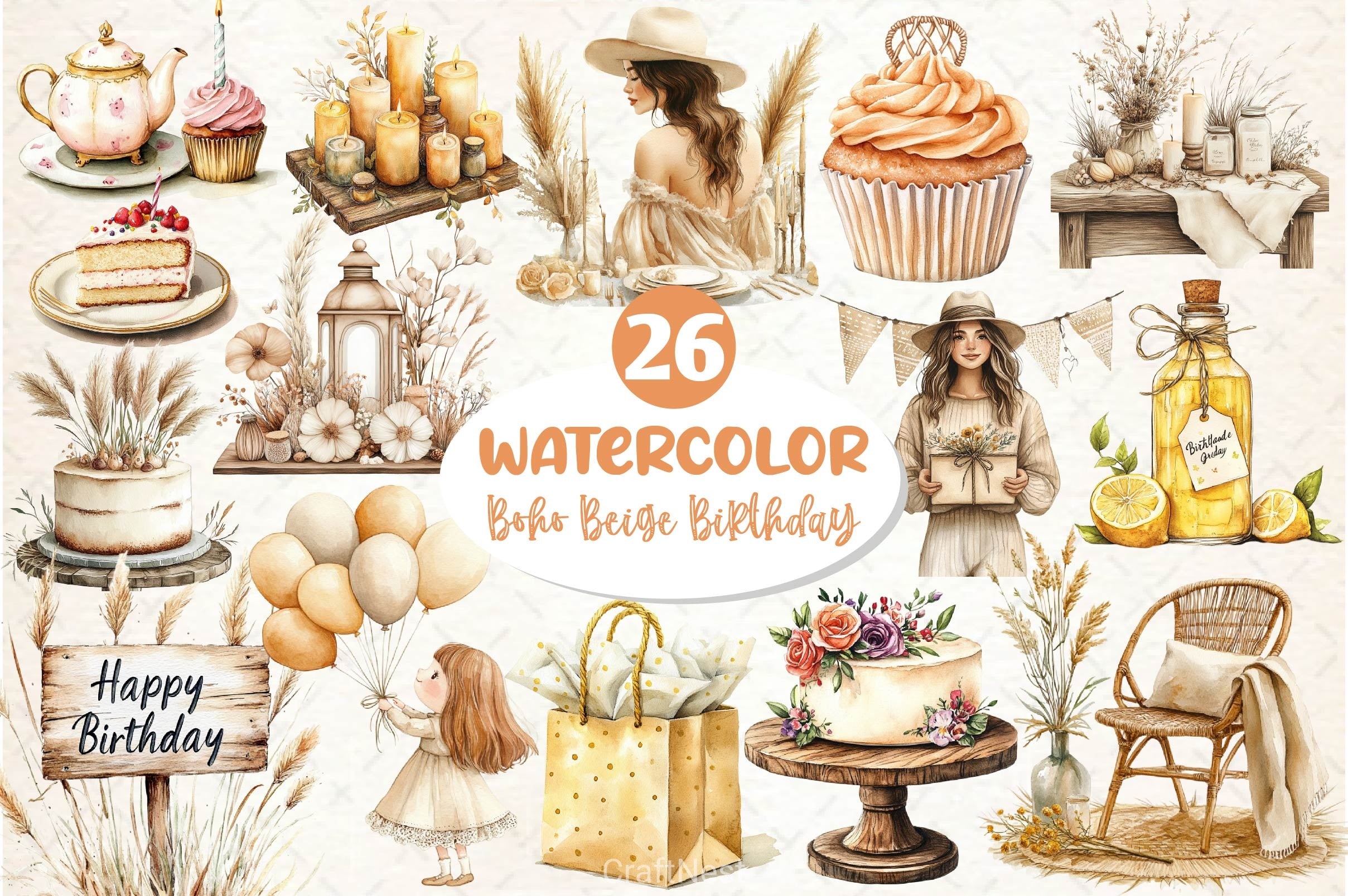 Boho Beige Birthday Clipart Bundle - CraftNest - Digital Crafting and Art