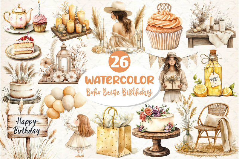 Boho Beige Birthday Clipart Bundle - CraftNest - Digital Crafting and Art