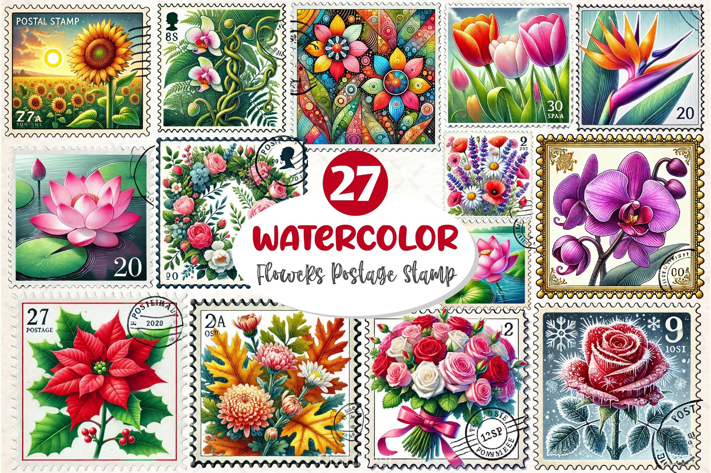Flowers Postage Stamp Clipart Bundle - CraftNest - Digital Crafting and Art